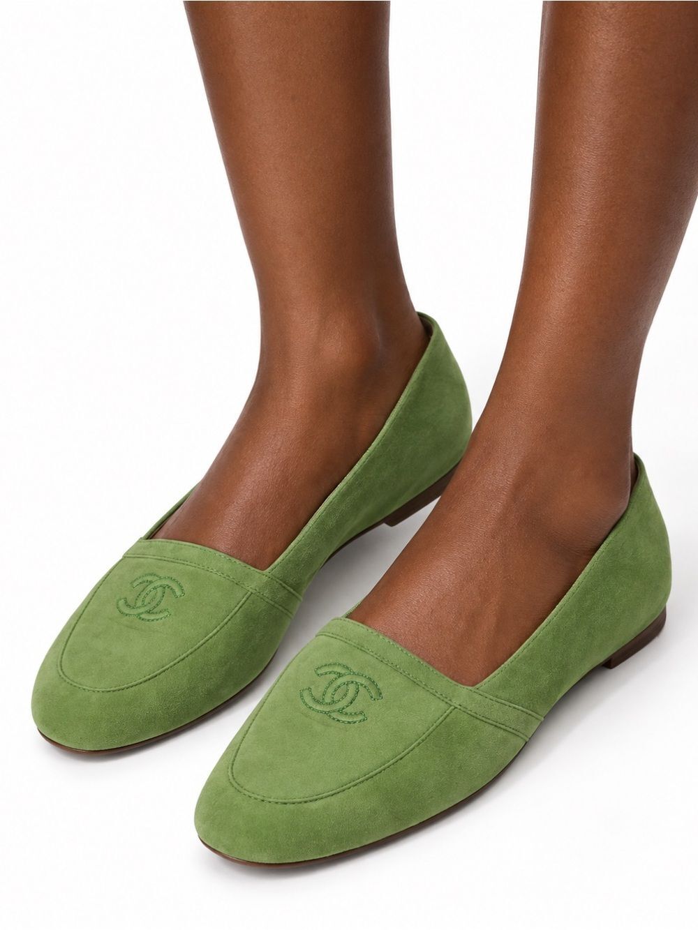 NEW CHANEL CC Logo Green Suede Loafers IT37.5